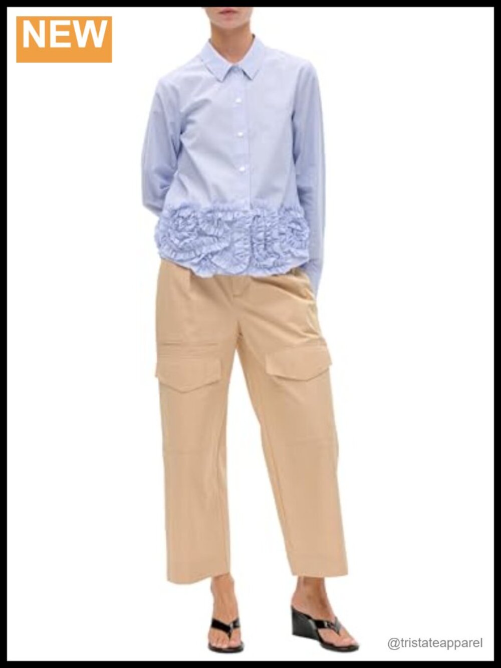 Organic Cotton Poplin Button-Down Shirt Loose Fit Frill Design